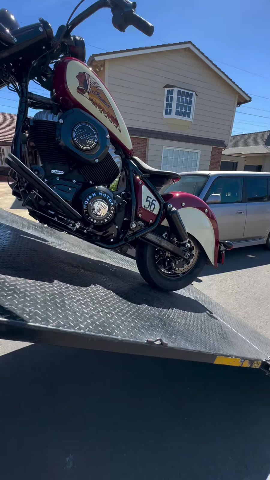 Indian motorcycle number 56 on black ramp