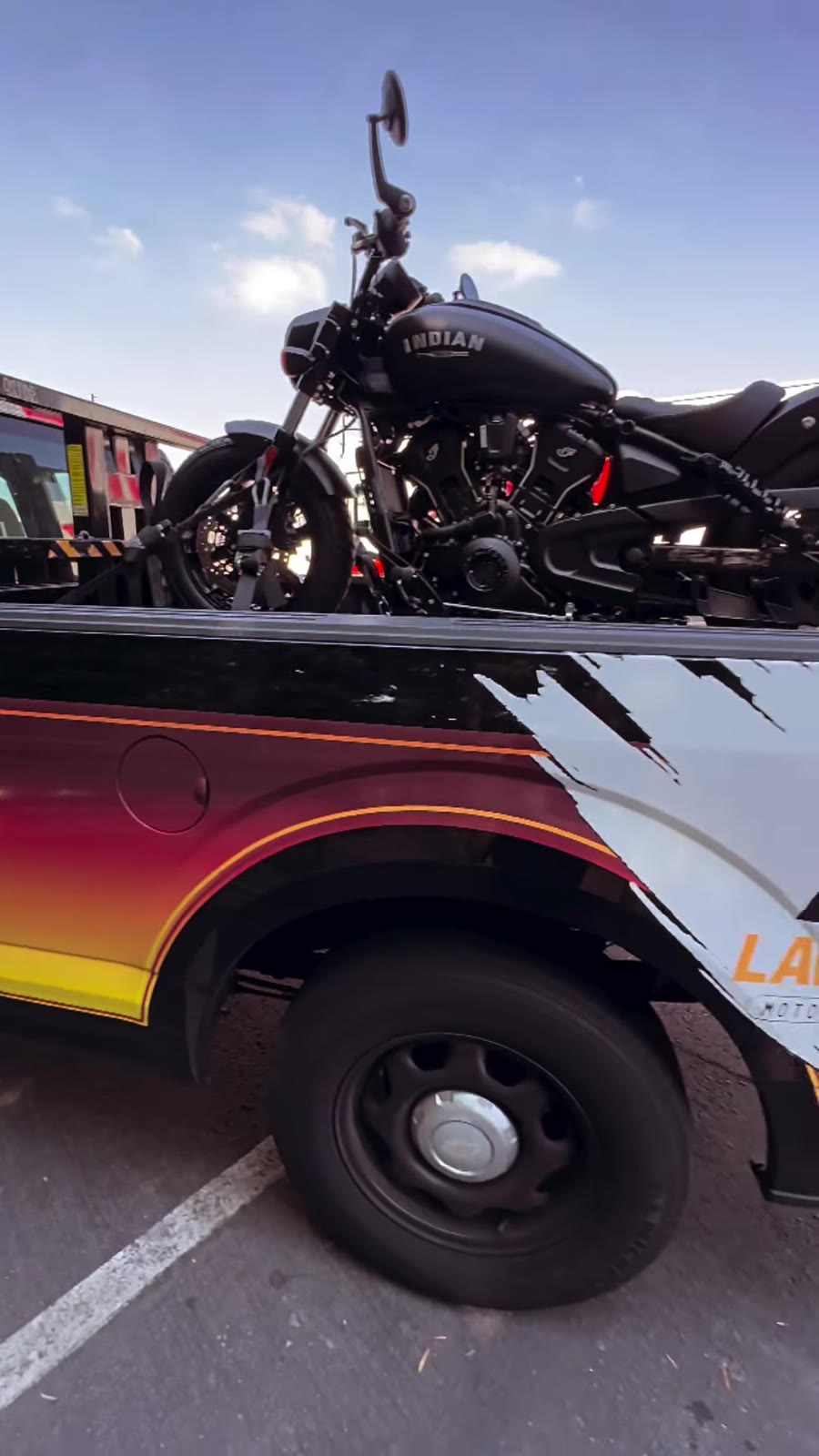 Black Indian motorcycle in Law Tigers black truck bed