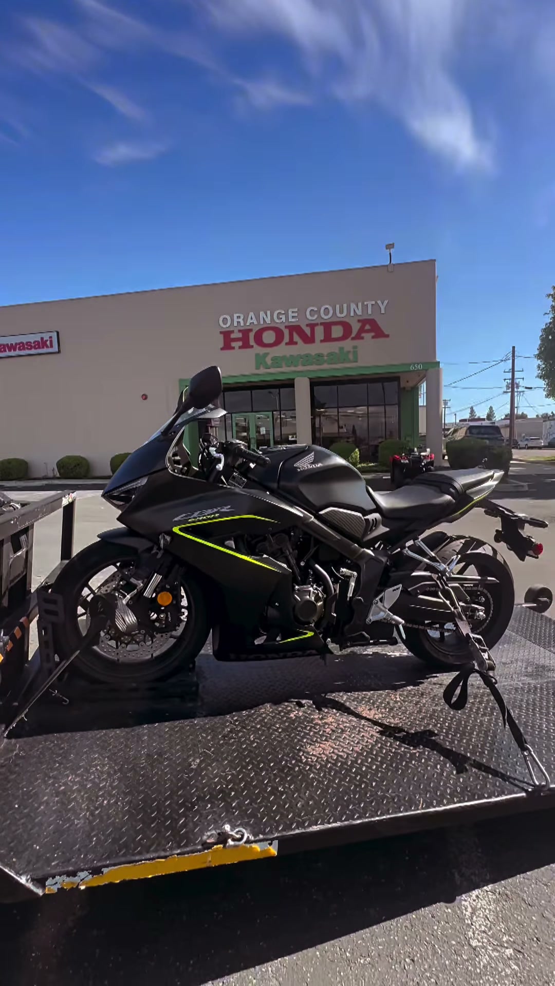 Honda CBR at Orange County Honda on black tow bed